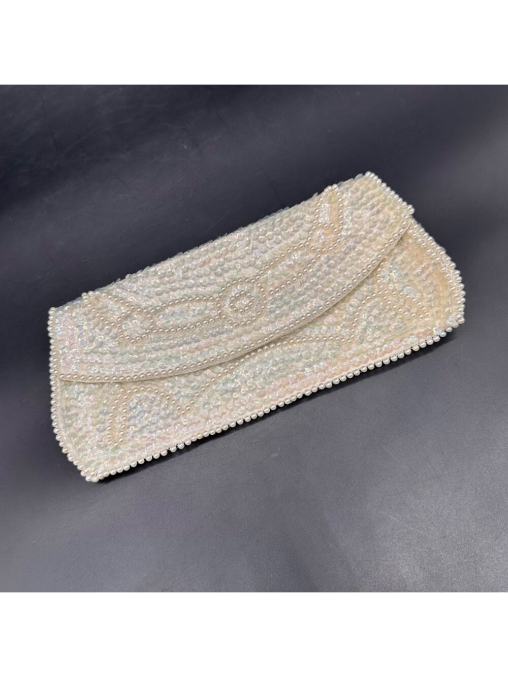 Vintage Beaded Sequin Ivory Clutch Purse Formal Evening Bag Emson Handmade Japan